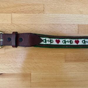 Women’s Needlepoint and Leather Belt with Green and Red Horse Bit Pattern